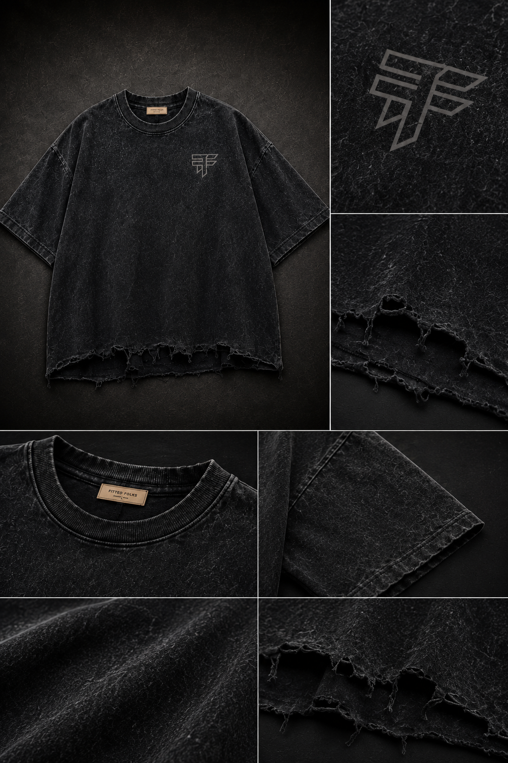 Black Tide Distressed Tee front detail collage mockup