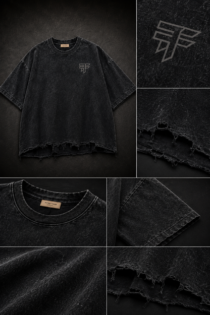 Black Tide Distressed Tee front detail collage mockup